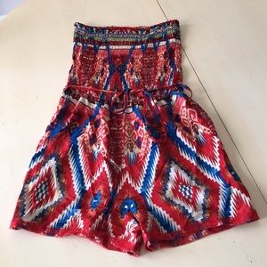 Women Gathered Romper,Short Jumpsuit Red multicolor Strapless smocked bodice